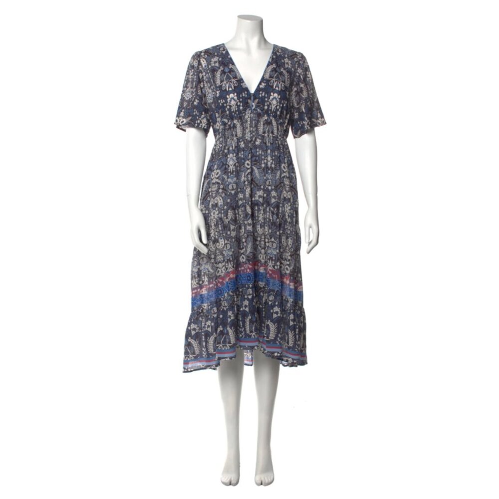 XiRENA Agatha Navy Paisley Midi Dress with Blue and Pink Accent